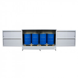 Enclosed spill containment tray for 2 IBCs or 8 drums
