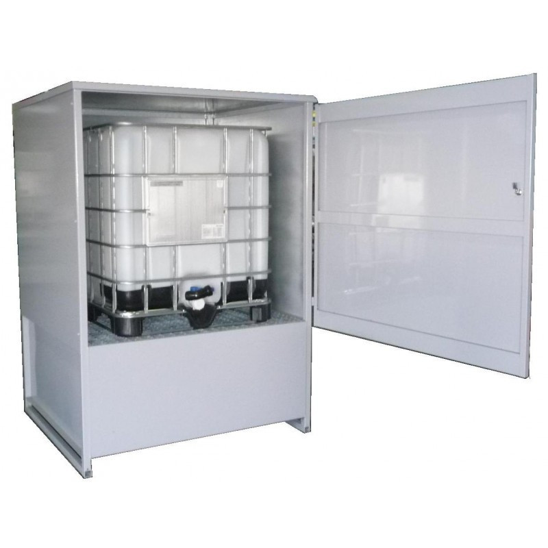Enclosed spill containment tray for one 1,000-liter tank