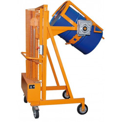 Motorized drum-lifting and tilting cart for controlled emptying of 60- to 200-liter drums