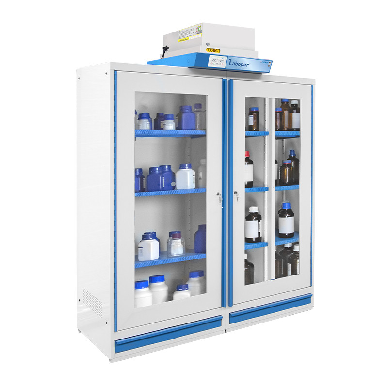 Glass-fronted safety cabinet for hazardous materials, 2 doors, 3 compartments