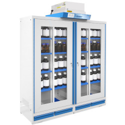 Glass-fronted safety cabinet for hazardous materials, 2 doors, 4 compartments