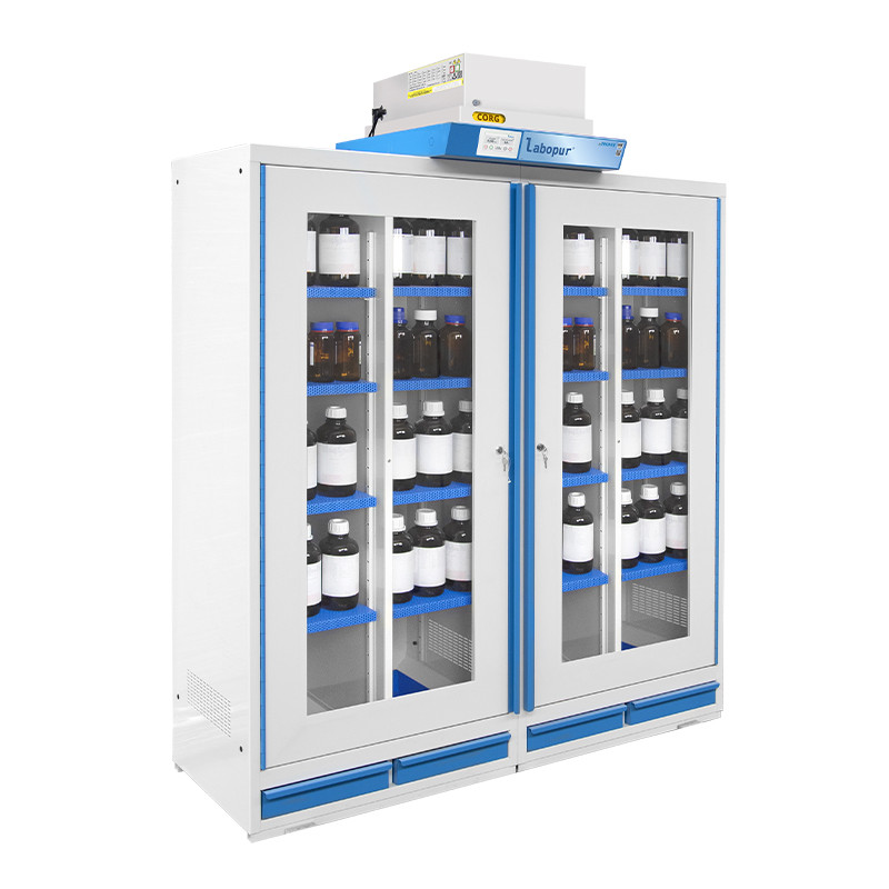 Glass-fronted safety cabinet for hazardous materials, 2 doors, 4 compartments