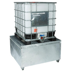 Spill containment tray for 1,000-liter IBC container