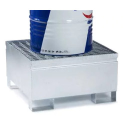 Galvanized steel spill containment tray for 1 200-liter drum